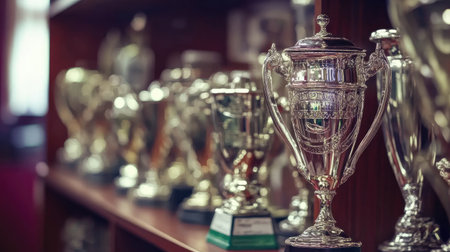 A stunning arrangement of elegant silver trophies displayed on a polished wooden shelf. These awards symbolize achievement and victory in various competitions.の素材