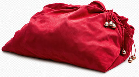 This elegant red cloth bag features a drawstring closure adorned with charming bells, perfect for gifting or seasonal decoration. Its soft texture enhances any festive setup.の素材