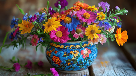 A stunning floral arrangement featuring a variety of colorful flowers in a beautiful ceramic pot, placed against a rustic wooden table backdrop, perfect for decorative inspiration.の素材