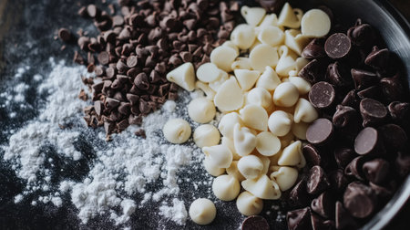 A close-up view of various chocolate chips and powder arranged on a metallic surface, ideal for showcasing baking ingredients and recipes.の素材
