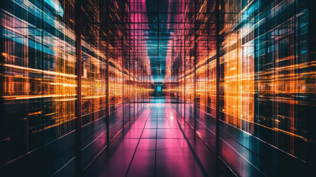 A mesmerizing abstract corridor filled with colorful light trails and reflections, creating a dynamic and futuristic atmosphere ideal for tech and design concepts.の素材