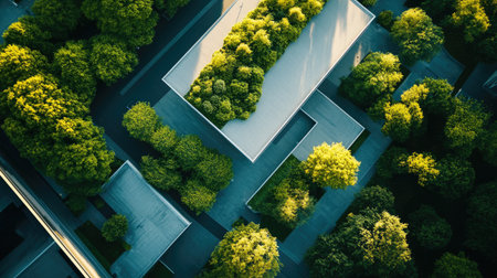 Discover a captivating aerial view showcasing modern architecture intertwined with lush greenery, highlighting the perfect balance between urban design and nature.の素材