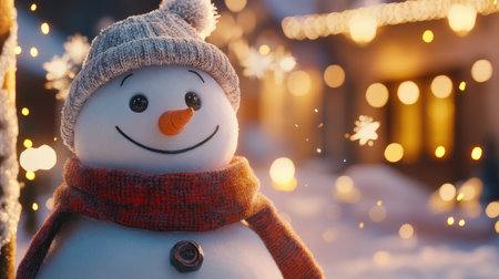 This vibrant snowman, adorned with a cozy hat and scarf, smiles amidst a winter wonderland. Snowflakes gently fall, illuminating the festive spirit.の素材