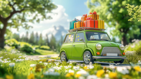A vibrant green mini car adorned with colorful gifts on its roof, set in a lush natural landscape with blooming flowers and sunny trees, perfect for holiday travel.の素材