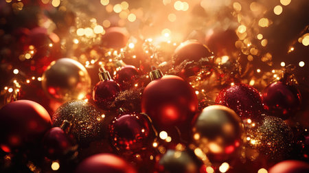 A captivating close-up of vibrant Christmas ornaments in red and gold, surrounded by sparkling lights, creating a warm and delightful festive atmosphere.の素材