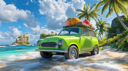 A vintage green car parked on a sandy beach, surrounded by palm trees and clear blue waters, evokes a sense of adventure and relaxation in a tropical paradise.の素材