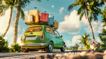A vintage green car is parked on a sunny road lined with palm trees, topped with colorful luggage, embodying the spirit of adventure and summer travel.の素材