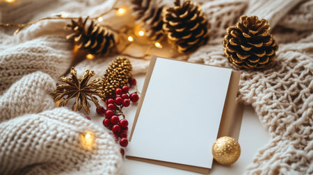 A cozy holiday scene featuring a blank card surrounded by natural decorations, pinecones, and soft knitted fabric, perfect for showcasing seasonal greetings.の素材