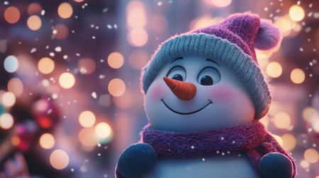 A joyful snowman wearing a purple hat and scarf stands against a backdrop of colorful holiday lights, capturing the spirit of winter festivities.の素材