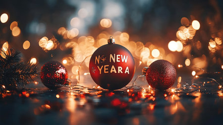 Delightful arrangement of shiny ornaments and soft lights creates a vibrant atmosphere perfect for New Year celebrations, radiating warmth and joy.の素材