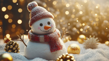 A charming snowman adorned with a colorful scarf sits in a snowy winter setting. Soft, warm lights and festive decorations create a cozy holiday atmosphere.の素材