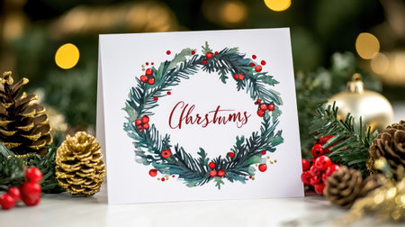 This festive card features a beautiful wreath adorned with holly and berries, perfect for sending warm holiday greetings during the Christmas season.の素材