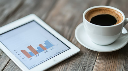 A digital tablet displaying a graph report sits next to a coffee cup on a rustic wooden table, capturing a cozy and productive workspace atmosphere.の素材