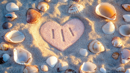 A charming heart-shaped design made from sand, surrounded by an array of colorful seashells. This serene beach scene evokes feelings of love and tranquility.の素材