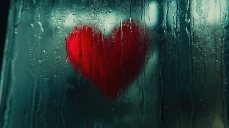 A vibrant red heart shape formed by condensation on a window, evoking emotions of love and warmth. The blurred backdrop enhances the cozy, intimate atmosphere.の素材