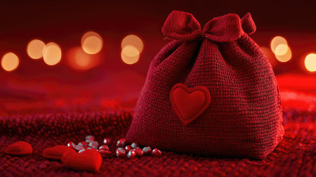 A charming red velvet bag adorned with a heart sits elegantly on a romantic background, embodying the warmth of love and heartfelt gifting. Perfect for special occasions.の素材