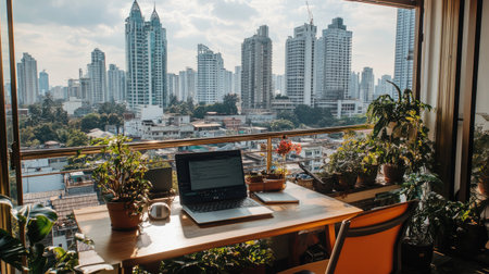 A serene modern workspace featuring a laptop on a balcony. Lush plants surround the desk, offering a fresh contrast against the vibrant cityscape view. Ideal for inspiration.の素材