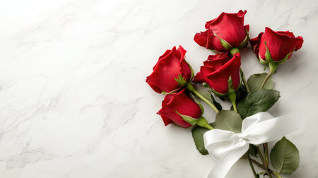 A stunning arrangement of vibrant red roses tied with a delicate white ribbon against a marble background, perfect for expressing love and affection on special occasions.の素材