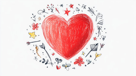 A vibrant red heart is surrounded by whimsical floral and decorative elements, illustrating themes of love and celebration. Perfect for romantic designs.の素材