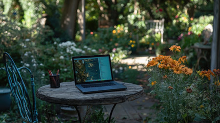 A laptop rests on a rustic wooden table in a vibrant garden filled with colorful flowers. This serene outdoor workspace embodies creativity and productivity amid nature's beauty, ideal for remote work or relaxation.の素材