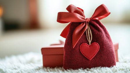 A stylish red gift bag adorned with a heart detail and a vibrant ribbon rests elegantly on a soft surface, perfect for romantic celebrations and special occasions.の素材