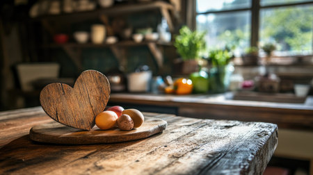 A charming wooden heart shape rests on a rustic kitchen table surrounded by fresh ingredients, creating a cozy and inviting atmosphere perfect for culinary gatherings.の素材