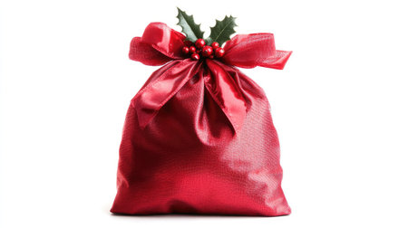 This stylish red Christmas gift bag features a beautiful decorative ribbon and holly, perfect for adding a festive touch to holiday celebrations.の素材