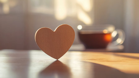 A warm wooden heart symbol stands on a table, perfectly positioned with a blurred cup of coffee in the background, evoking feelings of love and cozy mornings.の素材