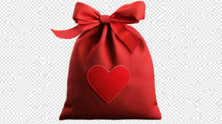 A charming red fabric gift bag featuring a heart design and ribbon bow, perfect for special occasions and romantic gifts, adding a festive touch.の素材