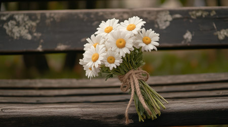 A charming bouquet of fresh white daisies tied with twine rests on a rustic wooden bench. This beautiful floral arrangement evokes a sense of peace and tranquility.の素材