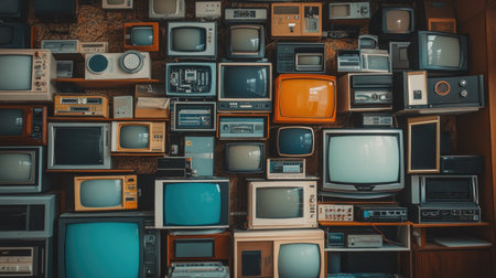 A captivating collection of vintage television sets arranged on a wall, showcasing various colors and designs. This image evokes nostalgia and highlights the evolution of media technology over the years.の素材