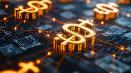 A visually striking illustration featuring golden dollar symbols interconnected by digital lines, representing the modern fusion of finance and technology in the economy.の素材