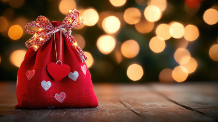 A charming red gift bag adorned with heart shapes and fairy lights, set against a captivating bokeh background, perfect for festive celebrations and romantic gestures.の素材