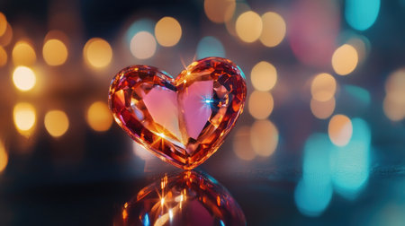 A stunning heart-shaped orange gemstone sparkles with brilliance against a vibrant, blurred background, captivating the viewer with its beauty and charm.の素材