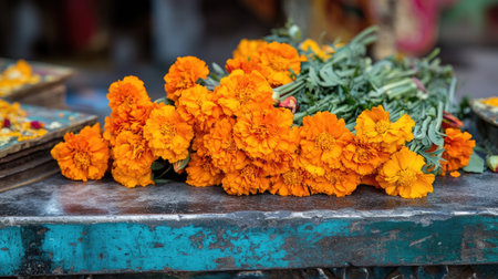 A stunning display of vibrant orange marigold flowers lies on a weathered surface. The fresh blooms showcase intricate petals, perfect for decoration or cultural festivities.の素材