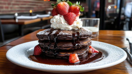 A tempting stack of chocolate pancakes topped with fresh strawberries and whipped cream. Perfect for a breakfast treat or dessert indulgence. Enjoy the rich flavors!の素材