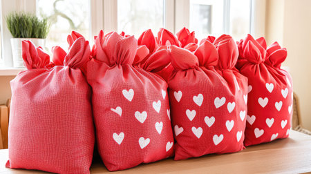 Colorful red bags adorned with heart patterns create a festive atmosphere perfect for celebrations. Ideal for gifts that express love and joy at any event.の素材