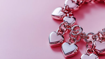 A close-up of an elegant silver heart charm bracelet resting on a soft pink background, showcasing intricate design and shiny details ideal for fashion lovers.の素材