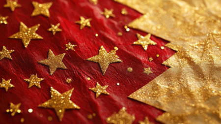 A striking close-up of shimmering gold stars on a rich red velvet background. Perfect for celebrating festive events and adding luxurious charm to your design projects.の素材