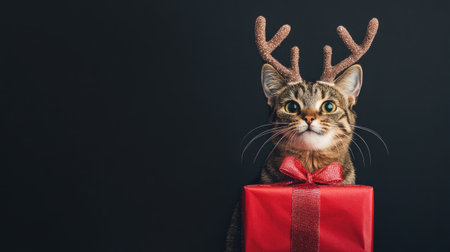 A playful cat with festive antlers and a red gift box sits against a dark background, bringing joy and charm to any holiday-themed project or greeting.の素材