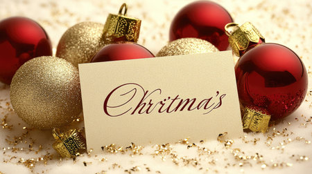 A beautiful arrangement of red and gold Christmas ornaments surrounding an elegant greeting card, capturing the festive spirit of the holiday season.の素材