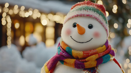 This delightful snowman features a colorful scarf and cheerful smile, set against a magical winter backdrop filled with twinkling lights to evoke holiday joy.の素材