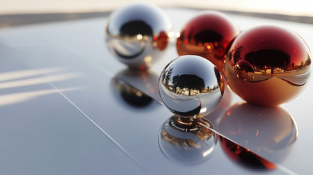 This captivating image features reflective ornaments resting on a metallic surface, beautifully illuminated by soft natural light, creating an elegant and modern look.の素材