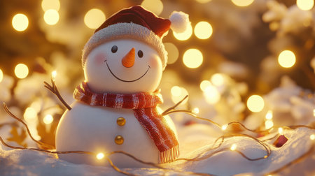 A delightful snowman wearing a Santa hat and scarf sits in soft snow, surrounded by glowing Christmas lights. Perfect for winter holiday themes!の素材