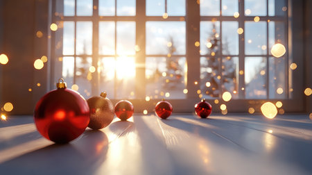 A serene winter scene featuring red Christmas ornaments glimmering on a wooden surface. The warm sunlight illuminates the background, creating a festive atmosphere.の素材