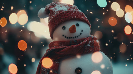 A cheerful snowman wearing a red scarf stands amidst soft winter lights, embodying the joy and magic of the holiday season, perfect for festive themes.の素材