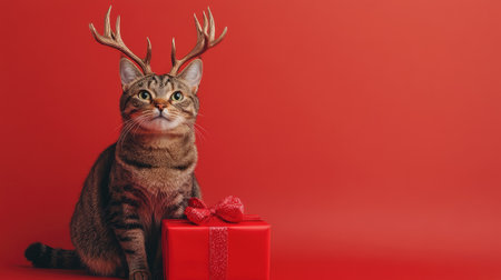A charming cat with holiday antlers sits beside a vibrant red gift, evoking festive cheer and playful spirit. Perfect for seasonal celebrations!の素材