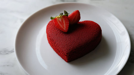 A beautifully crafted heart-shaped red velvet cake, topped with fresh strawberries, perfect for romantic occasions and celebrations. Indulge in this sweet delight.の素材
