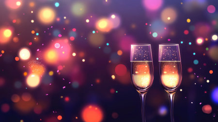Two elegant sparkling glasses stand against a colorful bokeh background, perfect for celebrations and festive occasions, evoking joy and warmth.の素材
