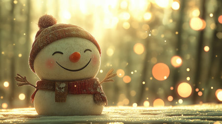 A cheerful snowman with a big smile stands in a winter scene, surrounded by soft, glowing lights. Perfect for capturing the spirit of the season!の素材